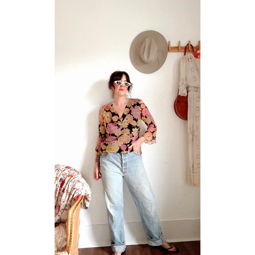Vintage 90s Silk Floral Blouse | Romantic Cottagecore Button Up Shirt